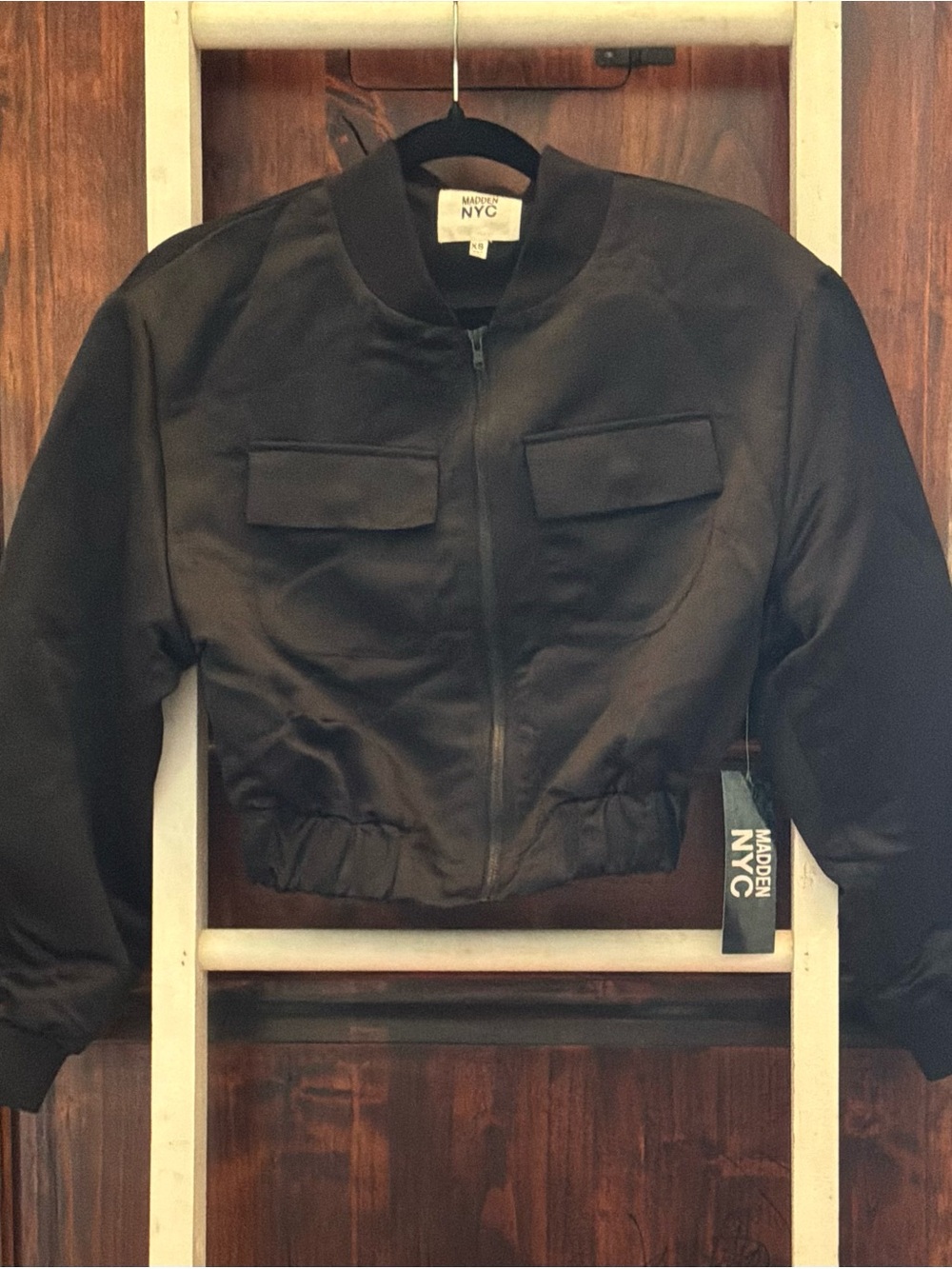 Madden NYC Women's Black Cropped Bomber Jacket